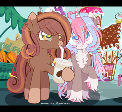 Size: 2576x2360 | Tagged: safe, alternate version, artist:dymonaz, artist:space_disaster, imported from derpibooru, oc, oc only, oc:aura glow, oc:java jump, pegasus, pony, unicorn, base used, carrot, chest fluff, duo, female, food, horn, mare, outdoors, screencap background, sugarcube corner, unshorn fetlocks