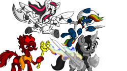 Size: 2560x1440 | Tagged: safe, artist:micaruss, imported from derpibooru, oc, oc only, oc:black cross, oc:emala jiss, oc:rainbow storm, oc:tootsie4ever, pegasus, pony, unicorn, zebra, axe, clothes, horn, magic, scepter, simple background, sword, transparent background, twilight scepter, weapon