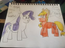 Size: 4032x3024 | Tagged: safe, artist:batman714, imported from derpibooru, applejack, rarity, pony, duo, duo female, female, looking at each other, looking at someone, my little pony, speech bubble, traditional art