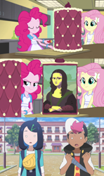 Size: 1280x2160 | Tagged: safe, edit, edited screencap, imported from derpibooru, screencap, fluttershy, pinkie pie, equestria girls, anime, cake, crossover, food, liko, mona lisa, mona lisa cake, my little pony equestria girls: friendship games, pokémon, pokémon horizons, roy (pokémon horizons)