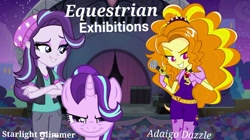 Size: 1024x575 | Tagged: safe, artist:bret bookspree, imported from derpibooru, adagio dazzle, starlight glimmer, human, unicorn, equestria girls, 2018, duo, equestrian exhibitions, horn, long description, rap battle, vs