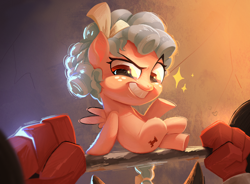 Size: 4100x3024 | Tagged: safe, artist:keycg, imported from derpibooru, cozy glow, lord tirek, pegasus, pony, bow, female, filly, foal, offscreen character, ribbon, smiling, smug, sparkles, spread wings, tail, tail bow, wings