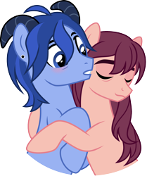 Size: 1466x1756 | Tagged: safe, artist:limedazzle, imported from derpibooru, oc, oc only, oc:allen, oc:james, earth pony, pony, duo, duo male, horns, hug, male, simple background, transparent background