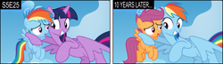 Size: 17044x4902 | Tagged: safe, artist:sollace, derpibooru exclusive, imported from derpibooru, rainbow dash, scootaloo, twilight sparkle, alicorn, pegasus, pony, the cutie re-mark, 2 panel comic, comic, duo, female, filly, filly rainbow dash, flying, foal, grin, mare, my little pony, out of context, outdoors, scootaloo can fly, side hug, smiling, twilight sparkle (alicorn), vector, younger