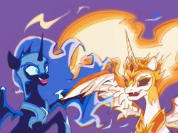 Size: 2732x2048 | Tagged: safe, artist:xian548627, imported from derpibooru, daybreaker, nightmare moon, alicorn, pony, chromatic aberration, duo, duo female, female, fire, open mouth, open smile, purple background, simple background, smiling