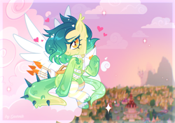 Size: 3910x2752 | Tagged: safe, artist:seurnik, imported from derpibooru, oc, oc only, earth pony, goo, goo pony, lizard, lizard pony, original species, arrow, base artist:seurnik, belts, bow, canterlot, clothes, cloud, cupid, green body, green hair, holiday, lizard tail, on a cloud, orange eyes, outdoors, passepartout, ponyville, ponyville town hall, sitting, sitting on a cloud, socks, solo, spikes, spread wings, stockings, sunset, thigh highs, valentine's day, wings