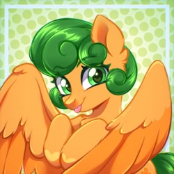 Size: 2560x2560 | Tagged: source needed, useless source url, safe, artist:seurnik, imported from derpibooru, oc, oc only, oc:orange flower, pegasus, pony, commission, cute, green eyes, green hair, happy, looking at you, orange coat, partially open wings, smiling, solo, tongue out, wings, ych result