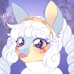 Size: 2500x2500 | Tagged: source needed, useless source url, safe, artist:seurnik, imported from derpibooru, oc, oc only, alpaca, big ears, big eyes, bleh, blue coat, curly mane, cute, headband, request, sketch, snow, snowflake, solo, spots, tongue out, white hair