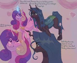 Size: 1700x1400 | Tagged: safe, artist:abbytabbys, imported from derpibooru, princess cadance, queen chrysalis, alicorn, changeling, pony, series:chrysalis' diary, cadalis, duo, duo female, female, hearts and hooves day, infidelity, lesbian, shipping, text