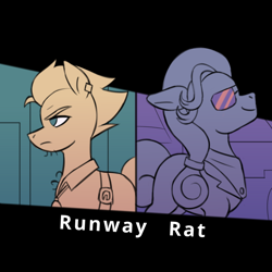 Size: 1400x1400 | Tagged: safe, artist:bkiltersot, imported from derpibooru, hoity toity, street rat, earth pony, pony, fanfic:runway rat, abstract background, belt, chest hair, clothes, cunning couture, duo, duo male, ear piercing, earring, facial hair, fanfic art, frown, glasses, jewelry, male, piercing, shirt, stallion, story included, text