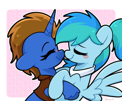 Size: 3912x3236 | Tagged: safe, artist:goyini01, imported from derpibooru, oc, oc only, oc:retro bit, oc:stormy waters, pegasus, pony, unicorn, blushing, clothes, duo, duo female, eyes closed, female, horn, hug, lesbian, looking at each other, looking at someone, mare, neckerchief, nuzzling, ponytail, smiling, smiling at each other, spread wings, two toned mane, unshorn fetlocks, vest, wings