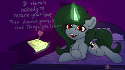 Size: 1920x1080 | Tagged: safe, artist:darbedarmoc, imported from derpibooru, oc, oc only, oc:minerva, pony, unicorn, bed, cheese, dialogue, fangs, food, green mane, happy valentines day, horn, looking at you, lying down, magic, prone, red eyes, solo, telekinesis