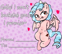 Size: 2300x2000 | Tagged: safe, artist:peni_sarter, imported from derpibooru, cozy glow, pegasus, pony, female, filly, flying, foal, holiday, knife, postcard, simple background, solo, solo female, spread wings, text, valentine, valentine's day, valentine's day card, wings