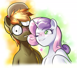 Size: 2782x2436 | Tagged: safe, artist:begoliah, imported from derpibooru, button mash, sweetie belle, earth pony, pony, unicorn, blushing, crooked glasses, duo, duo male and female, facial hair, female, floating heart, glasses, grin, heart, horn, male, moustache, older, older button mash, older sweetie belle, one eye closed, shipping, smiling, straight, sweat, sweatdrops, sweetiemash