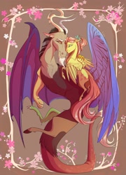 Size: 2487x3454 | Tagged: safe, artist:finchina, imported from derpibooru, discord, fluttershy, draconequus, pegasus, pony, discoshy, duo, duo male and female, female, hearts and hooves day, high res, looking at each other, looking at someone, male, mare, shipping, straight