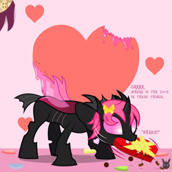 Size: 1418x1418 | Tagged: safe, artist:wheatley r.h., derpibooru exclusive, imported from derpibooru, oc, oc only, oc:lara, butterfly, changeling, bite mark, box of chocolates, brooch, candy heart, changeling oc, changeling slime, chocolate, female, food, gold, heart, heart shaped, hearts and hooves day, holiday, jewelry, mare, pink changeling, shaking, solo, valentine's day, valentine's day 2025, vector, watermark