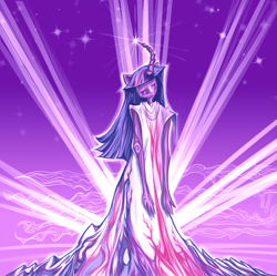 Size: 2136x2131 | Tagged: safe, artist:liz-kotlin, imported from derpibooru, twilight sparkle, anthro, unicorn, clothes, crepuscular rays, curved horn, dress, eyes closed, female, high res, horn, mountain, solo, surreal