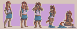 Size: 4500x1722 | Tagged: safe, artist:fauvfox, imported from derpibooru, oc, oc only, anthro, human, pony, unicorn, bipedal, clothes, clothes falling off, clothes on floor, female, gritted teeth, high res, horn, human female, human to pony, looking at self, mare, motion lines, open mouth, passepartout, shirt, skirt, solo, sparkles, teeth, transformation, transformation sequence