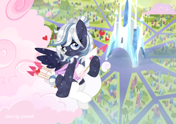 Size: 2000x1408 | Tagged: safe, artist:ghostpikachu, derpibooru exclusive, imported from derpibooru, oc, oc only, oc:lunara moonstone, crystal pony, pegasus, pony, arrow, base artist:seurnik, base used, bow, clothes, cloud, crystal castle, crystal empire, crystal pegasus, cupid, female, heart arrow, holiday, mare, on a cloud, sitting, sitting on a cloud, socks, solo, spread wings, valentine's day, wings