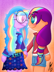 Size: 1620x2160 | Tagged: safe, artist:jesslmc16, imported from derpibooru, izzy moonbow, sunny starscout, human, equestria girls, clothes, duo, duo female, female, g5, glasses, gradient background, hearts and hooves day, holding hands, holiday, izzy rainbow, lesbian, looking at each other, looking at someone, mane stripe sunny, moonscout, shipping, smiling, smiling at each other, valentine's day, valentine's day 2025