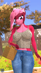 Size: 2160x3840 | Tagged: safe, artist:antonsfms, imported from derpibooru, oc, oc:rosaline the deer, anthro, deer, 3d, anthro oc, basket, belly, belly button, blue jeans, bread, clothes, day, deer oc, eyelashes, female, fit, floral head wreath, flower, food, looking at you, makeup, nail polish, nails, non-pony oc, outdoors, slender, smiling, smiling at you, solo, source filmmaker, tanktop, thin, tree