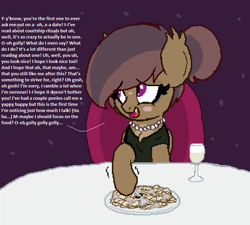 Size: 735x661 | Tagged: safe, artist:jerkface, oc, oc:bella morel, bat pony, alcohol, bat pony oc, bat wings, clothes, date, dress, female, food, offscreen character, pov, wine, wings