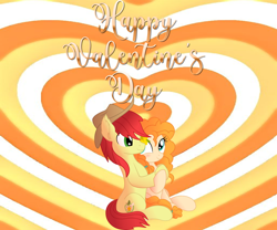 Size: 960x800 | Tagged: artist needed, safe, anonymous artist, artist:cyanlightning, imported from derpibooru, bright mac, pear butter, earth pony, pony, blushing, brightbutter, cute, duo, female, hat, heart, heart background, hearts and hooves day, holiday, hug, hug from behind, looking at each other, looking at someone, male, mare, pearabetes, shipping, smiling, smiling at each other, song in the description, stallion, straight, valentine's day, valentine's day 2025, valentine's day picture