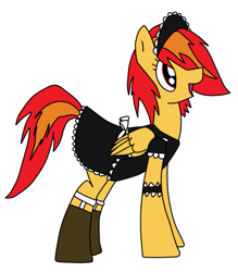 Size: 619x706 | Tagged: safe, imported from derpibooru, oc, oc only, oc:wildfire, pegasus, pony, clothes, folded wings, futa, futa oc, garters, implied futa, intersex, maid, maid headdress, not spitfire, pegasus oc, socks, stockings, thigh highs, wings