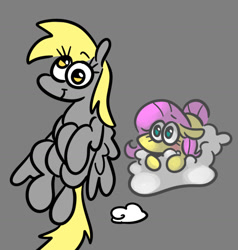 Size: 1110x1166 | Tagged: safe, artist:smirk, imported from derpibooru, derpy hooves, fluttershy, blushing, cloud, duo, flying, gray background, simple background