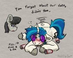 Size: 1511x1195 | Tagged: safe, artist:reddthebat, imported from derpibooru, dj pon-3, octavia melody, vinyl scratch, earth pony, pony, unicorn, alcohol, beer, beer can, blushing, drink, drunk, drunk bubbles, duo, duo female, emanata, female, floppy ears, freckles, hearts and hooves day, horn, lesbian, mare, scratchtavia, shipping, signature, unshorn fetlocks