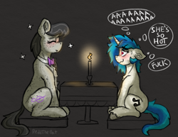 Size: 1313x1014 | Tagged: safe, artist:reddthebat, imported from derpibooru, dj pon-3, octavia melody, vinyl scratch, earth pony, pony, unicorn, blushing, body freckles, candle, chest fluff, date, duo, duo female, eyes closed, female, freckles, hearts and hooves day, horn, lesbian, looking at each other, looking at someone, mare, missing accessory, no glasses, scratchtavia, shipping, smiling, smiling at each other, sparkles, thought bubble, unshorn fetlocks, vulgar, wavy mouth