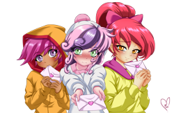 Size: 3000x1956 | Tagged: safe, alternate version, artist:mauroz, imported from derpibooru, apple bloom, scootaloo, sweetie belle, human, alternate hairstyle, blushing, cutie mark crusaders, female, holiday, humanized, letter, looking at you, love letter, simple background, transparent background, trio, trio female, valentine's day, valentine's day 2025