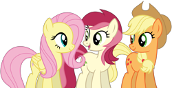 Size: 6961x3571 | Tagged: safe, artist:creedyboy124, imported from derpibooru, applejack, fluttershy, roseluck, earth pony, pegasus, pony, base used, female, group, looking at each other, looking at someone, mare, simple background, transparent background, trio, trio female, vector, wings