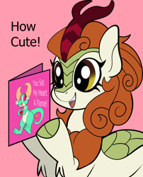 Size: 970x1200 | Tagged: safe, artist:klondike, imported from derpibooru, autumn blaze, oc, oc:ardeur, dragon, blush lines, blushing, holiday, hoof hold, valentine's day, valentine's day card