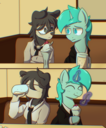 Size: 1725x2075 | Tagged: safe, artist:dysmal, artist:realdysmal, imported from derpibooru, oc, oc:crumane, anthro, dog, pony, unicorn, alcohol, beer, blue coat, blue eyes, blue mane, clothes, duo, female, food, glasses, horn, indoors, male, parfait, smiling, stallion, suit, upset