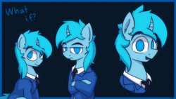 Size: 1920x1080 | Tagged: safe, artist:dysmal, artist:realdysmal, imported from derpibooru, oc, oc only, oc:crumane, pony, unicorn, blue coat, blue eyes, blue mane, clothes, grumpy, horn, looking at you, male, stallion, suit