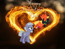 Size: 958x720 | Tagged: safe, anonymous artist, artist:hendro107, artist:luckreza8, imported from derpibooru, limestone pie, short fuse, earth pony, pegasus, pony, butt, clothes, duo, female, fiery background, fiery heart, heart, heart background, hearts and hooves day, holiday, limefuse, male, mare, plot, shipping, smiling, song in the description, spread wings, stallion, straight, uniform, valentine's day, valentine's day 2025, valentine's day picture, washouts uniform, when she smiles, wings