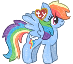 Size: 1376x1200 | Tagged: safe, artist:mimiqq, imported from derpibooru, rainbow dash, pegasus, pony, beanie babies, ear tag, female, mare, marketable plushie, plushie, simple background, smiling, solo, white background