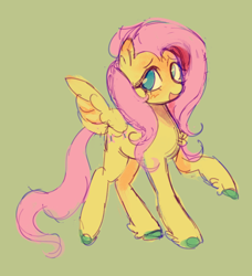 Size: 752x826 | Tagged: safe, artist:kuzoux, imported from derpibooru, fluttershy, pegasus, pony, blue eyes, blushing, colored hooves, female, full body, green background, green hooves, hooves, looking at you, mare, open mouth, pink mane, pink tail, raised hoof, simple background, smiling, smiling at you, solo, tail, wings