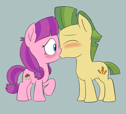 Size: 2000x1800 | Tagged: safe, artist:unsavorydom, imported from derpibooru, carrot crunch, lily longsocks, earth pony, pony, blushing, colt, cute, duo, eyes closed, female, filly, foal, kiss on the lips, kissing, lilycrunch, male, raised hoof, shipping, simple background, straight