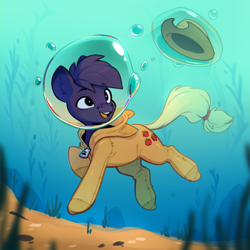 Size: 2048x2048 | Tagged: safe, alternate version, artist:rexyseven, imported from derpibooru, oc, oc only, pony, alternate character, applejack costume, bubble, clothes, commission, costume, kigurumi, solo, underwater, water, ych result