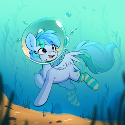 Size: 2048x2048 | Tagged: safe, alternate version, artist:rexyseven, imported from derpibooru, oc, oc only, pegasus, pony, alternate character, alternate versions at source, bubble, clothes, commission, pegasus oc, socks, solo, striped socks, underwater, water, wings, ych result