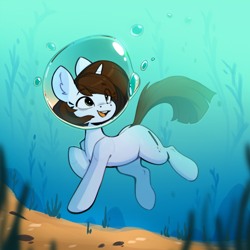 Size: 2048x2048 | Tagged: safe, alternate version, artist:rexyseven, imported from derpibooru, oc, oc only, earth pony, pony, alternate character, bubble, commission, earth pony oc, solo, underwater, water, ych result