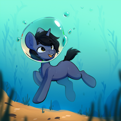 Size: 2048x2048 | Tagged: safe, alternate version, artist:rexyseven, imported from derpibooru, oc, oc only, pony, unicorn, alternate character, bubble, commission, horn, solo, underwater, unicorn oc, water, ych result