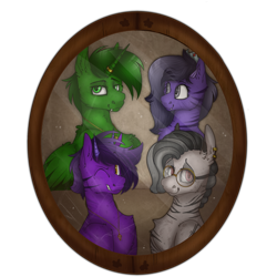 Size: 2300x2300 | Tagged: safe, artist:molars, imported from derpibooru, oc, oc only, oc:berula, oc:drifus artan, oc:rayne artan, oc:violet corruption, alicorn, original species, pony, zebra, fallout equestria, ashes town, bust, commission, family photo, glasses, horn, horn ring, horns, jewelry, made up species, necklace, one eye closed, picture frame, ring, smiling, tiara, wink