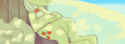 Size: 600x210 | Tagged: dead source, safe, anonymous artist, imported from derpibooru, applejack, earth pony, pony, against tree, applejack's hat, blonde mane, closed mouth, cowboy hat, dappled sunlight, female, hat, hat off, hooves together, lying down, mare, oekaki, on back, outdoors, pictures of bellies, sleeping, smiling, solo, sunlight, tree, under the tree, underhoof