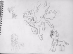 Size: 4016x3008 | Tagged: safe, artist:alexi148, imported from derpibooru, autumn blaze, kirin, pony, them's fightin' herds, community related, flying, looking at each other, looking at someone, photo, sketch, sketchbook, tianhuo (tfh), traditional art