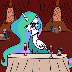 Size: 600x600 | Tagged: safe, artist:notawriteranon, imported from derpibooru, princess celestia, alicorn, pony, alcohol, clothes, date, dress, looking at you, wine