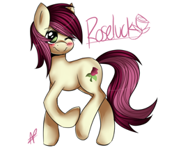 Size: 900x768 | Tagged: safe, artist:mixalanapony, imported from derpibooru, roseluck, earth pony, pony, 2012, artifact, female, mare, one eye closed, simple background, solo, white background