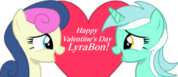 Size: 2079x899 | Tagged: safe, artist:stephen-fisher, imported from derpibooru, bon bon, lyra heartstrings, sweetie drops, earth pony, unicorn, duo, duo female, female, hearts and hooves day, holiday, horn, lesbian, lyrabon, shipping, valentine's day